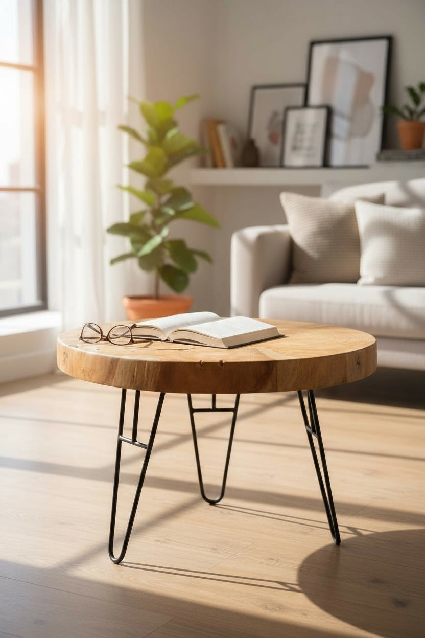 Holz Couchtisch – Beistelltisch Kaffeetisch – Mit drei Metallbeinen – Rund aus Teakholz – 60x60x43 cm - Garten-On.de