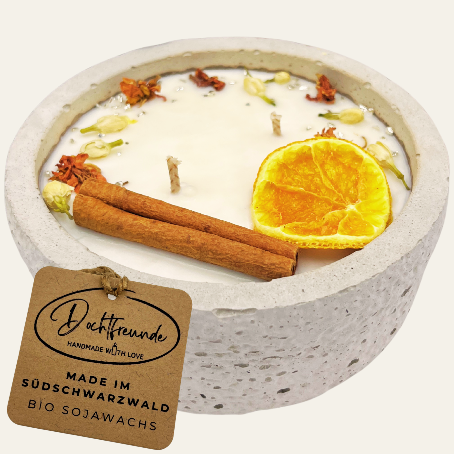 Zwei Docht Betonkerze Betongrau „Grey Orange“ für Herbst und Winter - Stilvolle Aroma Sojawachskerze für Ihr Zuhause. Mit Blütenverzierung und HOCHWERTIGEM Baumwolldocht aus dem Südschwarzwald - Garten-On.de