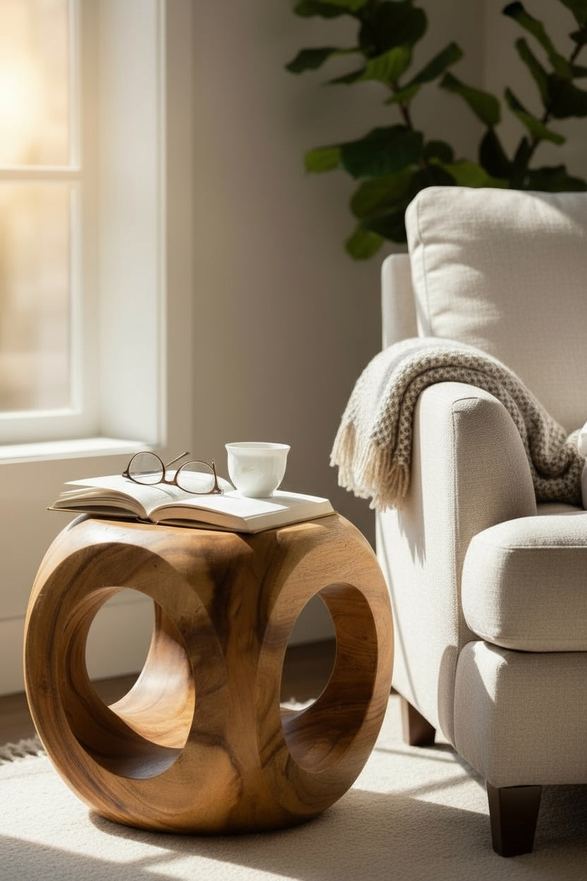Holz Hocker – Pflanzenhocker Beistelltisch – Modern mit rundem Ausschnitt – Würfelform aus Massivholz – 40x40x40 cm - Garten-On.de