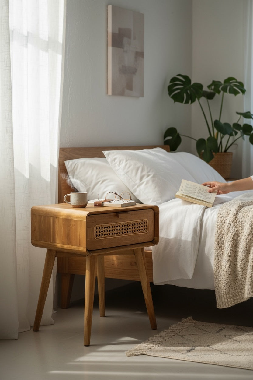 Rattan Beistelltisch – Nachttisch Ablagetisch Couchtisch – Stilvoll mit Schublade – Handgefertigter Vintage Look aus Teakholz – 60x50x40 cm - Garten-On.de