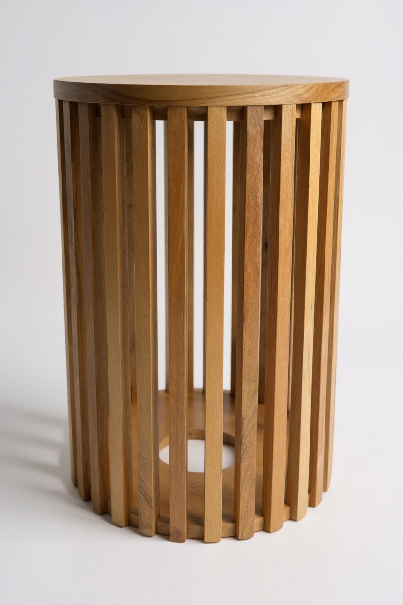 Teakholz-Beistelltisch - Holzhocker Couchtisch - Handgefertigt aus Massivholz – Holzleisten Rund - 50x30x30 cm - Garten-On.de