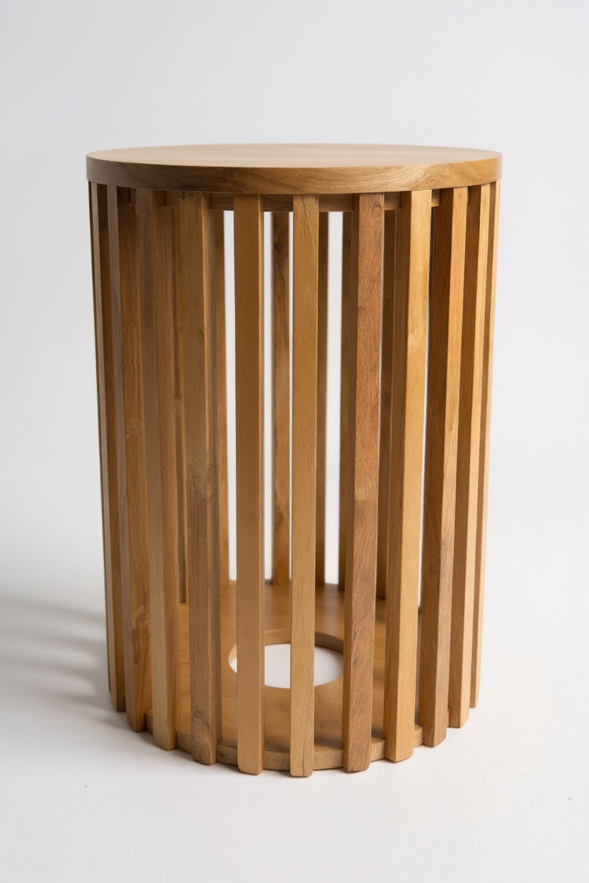 Teakholz-Beistelltisch - Holzhocker Couchtisch - Handgefertigt aus Massivholz – Holzleisten Rund - 50x30x30 cm - Garten-On.de