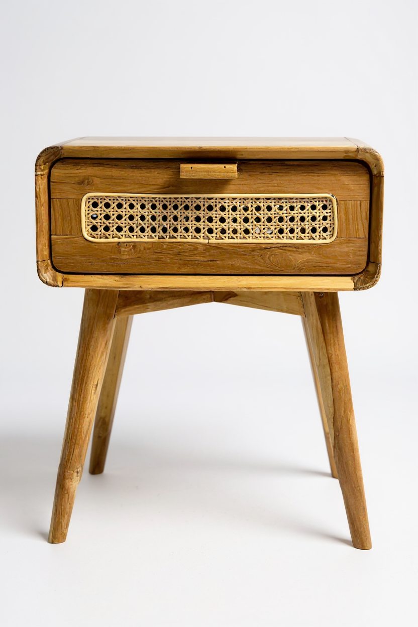 Rattan Beistelltisch – Nachttisch Ablagetisch Couchtisch – Stilvoll mit Schublade – Handgefertigter Vintage Look aus Teakholz – 60x50x40 cm - Garten-On.de
