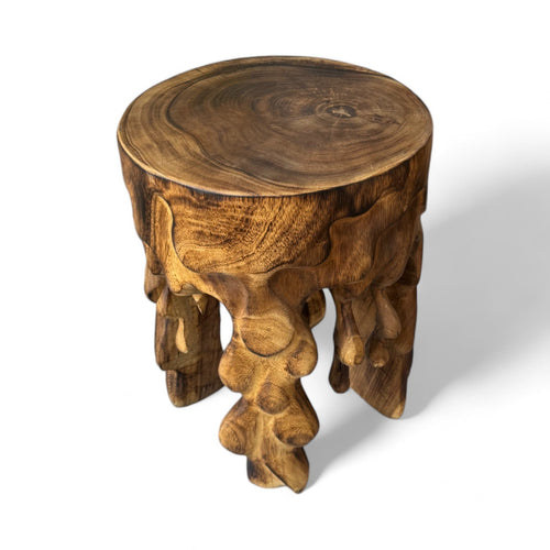 Flambierter Holzhocker - Beistelltisch Blumenhocker Ablagetisch - Unikat Handgefertigt  - Rund Tropfend aus massivem Suarholz- 45x35x35 cm - Garten-On.de