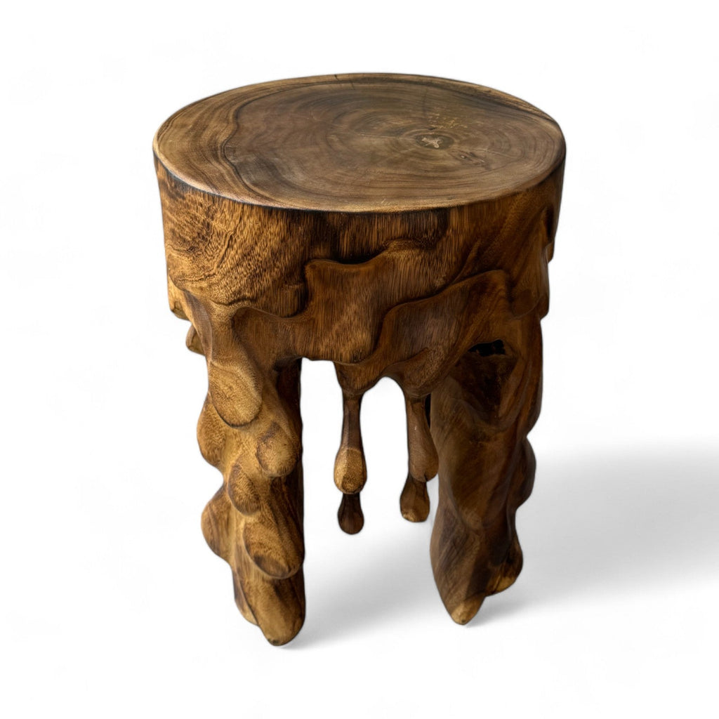 Flambierter Holzhocker - Beistelltisch Blumenhocker Ablagetisch - Unikat Handgefertigt  - Rund Tropfend aus massivem Suarholz- 45x35x35 cm - Garten-On.de