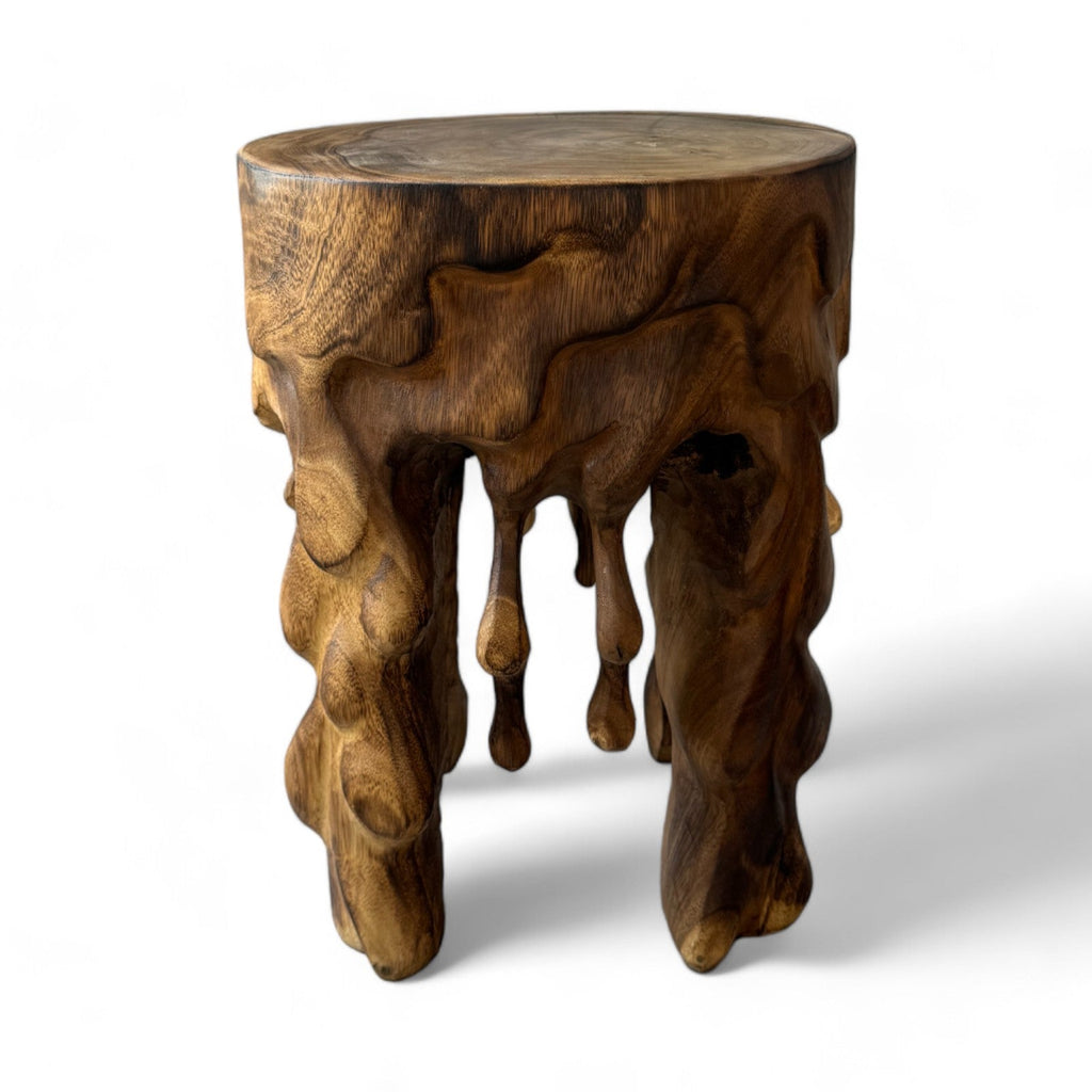 Flambierter Holzhocker - Beistelltisch Blumenhocker Ablagetisch - Unikat Handgefertigt  - Rund Tropfend aus massivem Suarholz- 45x35x35 cm - Garten-On.de
