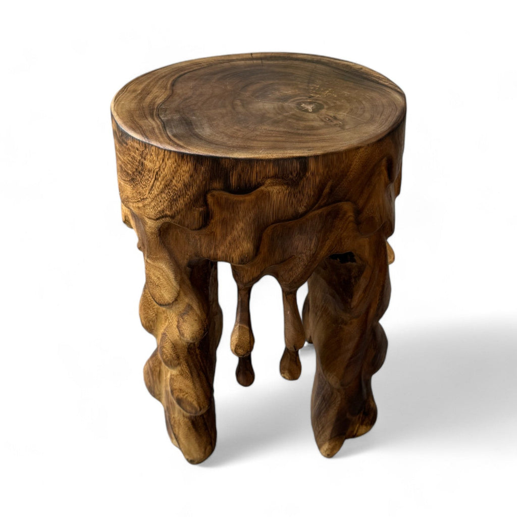 Flambierter Holzhocker - Beistelltisch Blumenhocker Ablagetisch - Unikat Handgefertigt  - Rund Tropfend aus massivem Suarholz- 45x35x35 cm - Garten-On.de