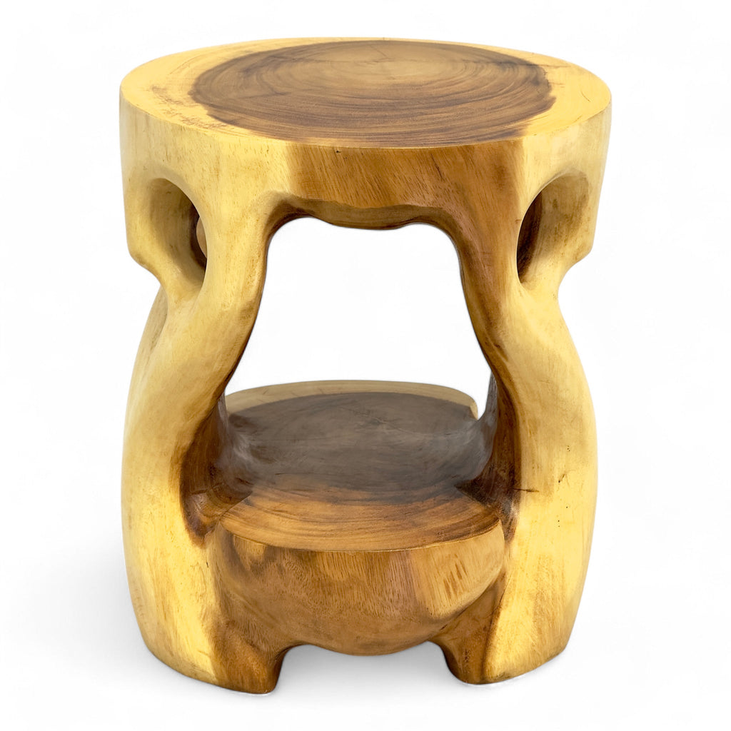 Holz Beistelltisch - Hocker, Nachttisch, Pflanzenhocker, Ablagetisch - Rundes Naturdesign mit organischer Form – Massiv aus Teakholz – 40x34x34 cm - Garten-On.de