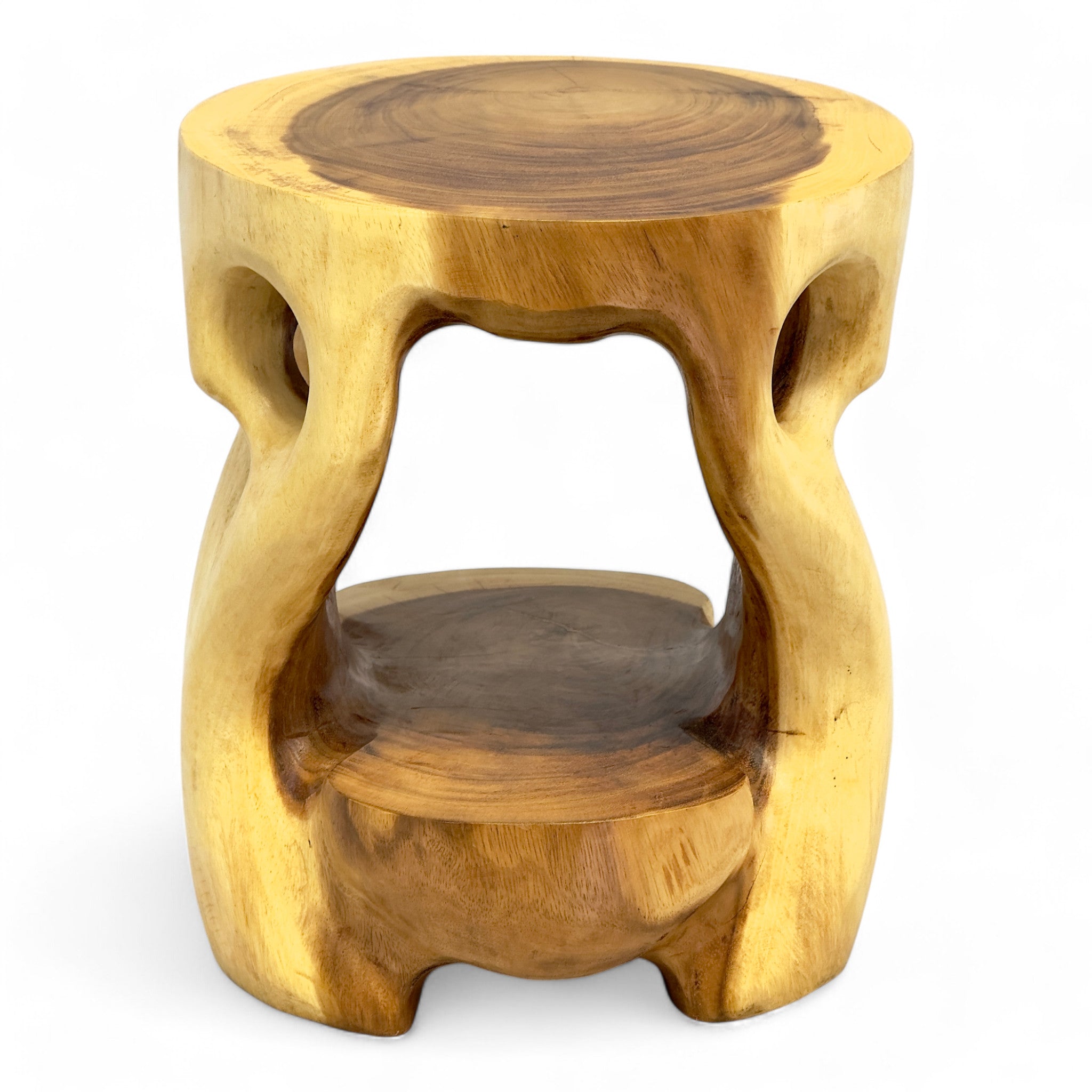 Holz Beistelltisch - Hocker, Nachttisch, Pflanzenhocker, Ablagetisch - Rundes Naturdesign mit organischer Form – Massiv aus Teakholz – 40x34x34 cm - Garten-On.de