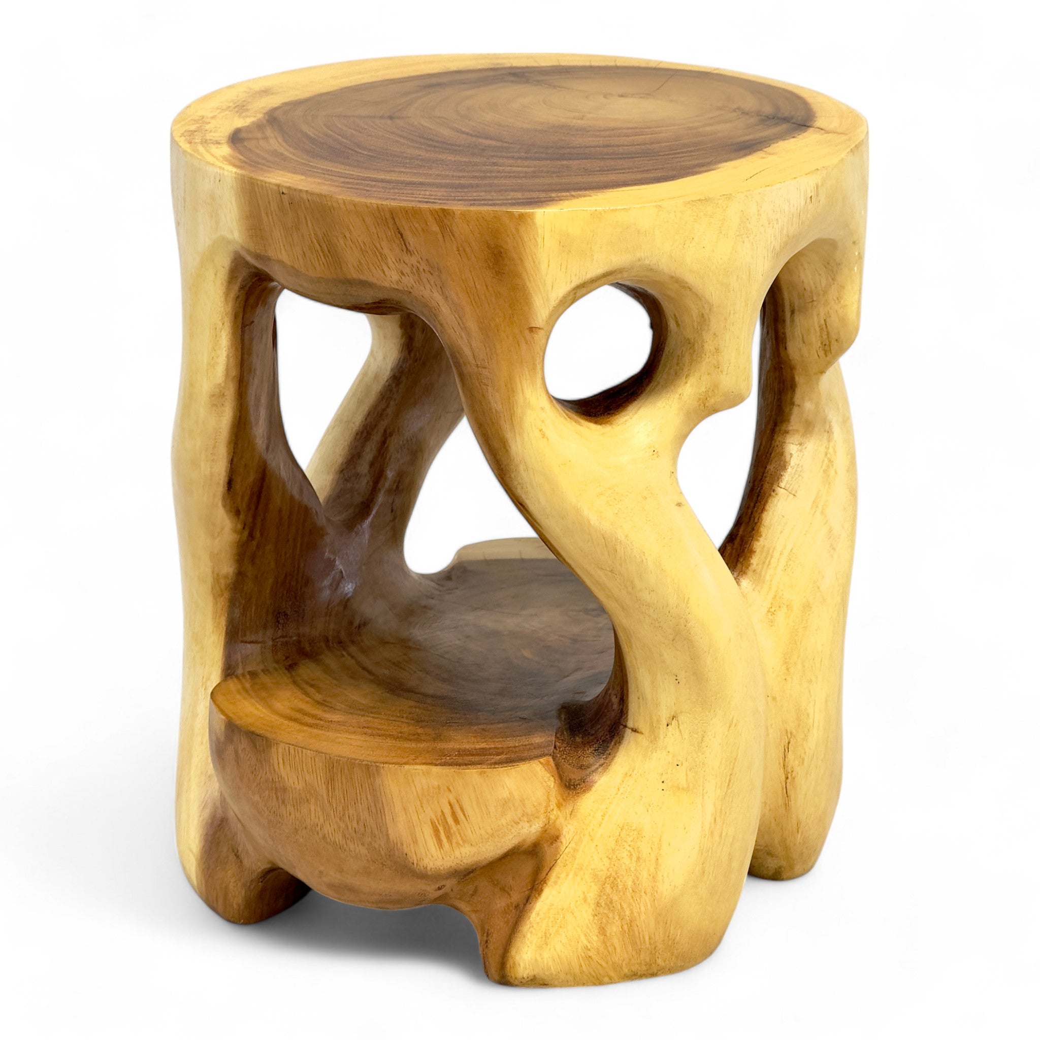 Holz Beistelltisch - Hocker, Nachttisch, Pflanzenhocker, Ablagetisch - Rundes Naturdesign mit organischer Form – Massiv aus Teakholz – 40x34x34 cm - Garten-On.de