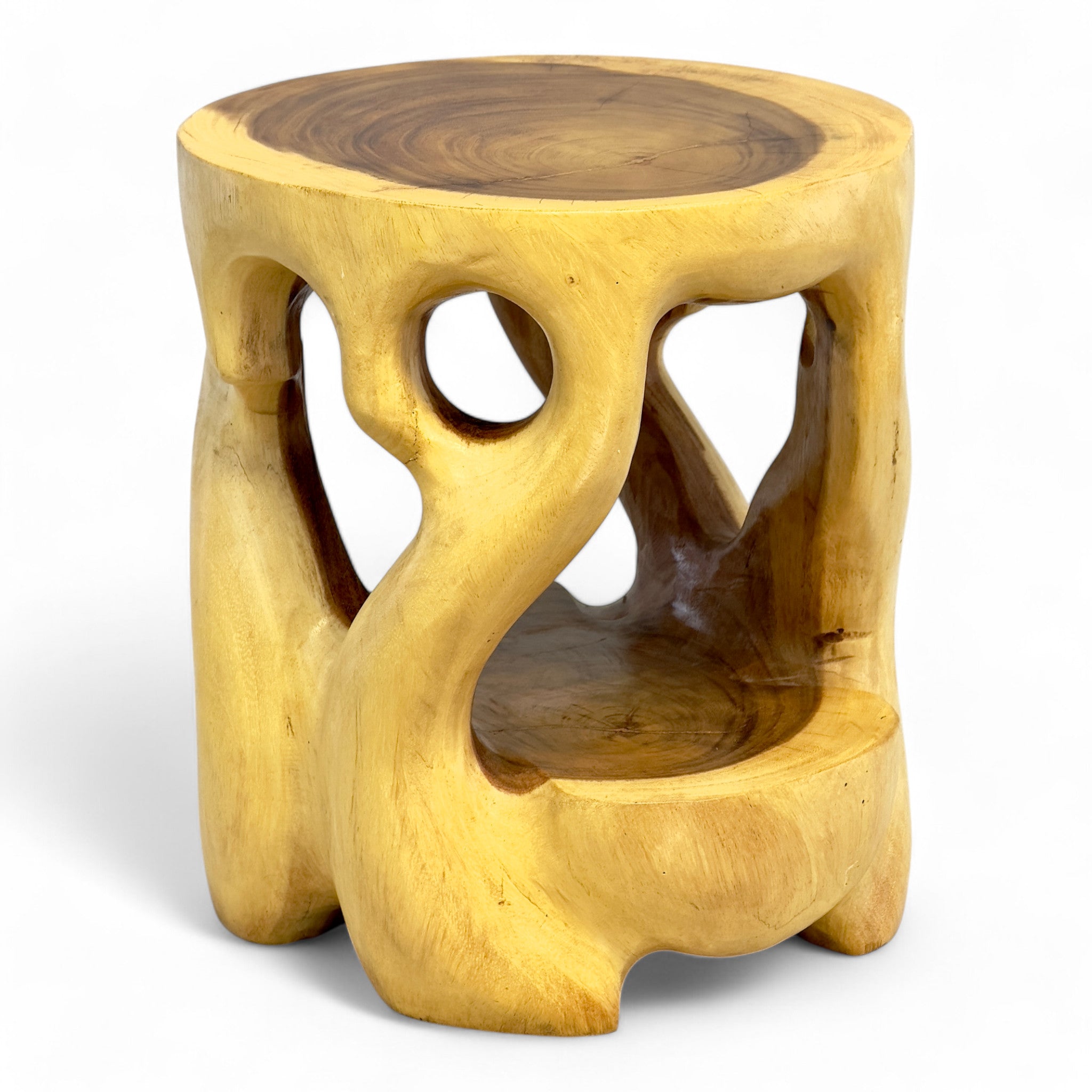 Holz Beistelltisch - Hocker, Nachttisch, Pflanzenhocker, Ablagetisch - Rundes Naturdesign mit organischer Form – Massiv aus Teakholz – 40x34x34 cm - Garten-On.de