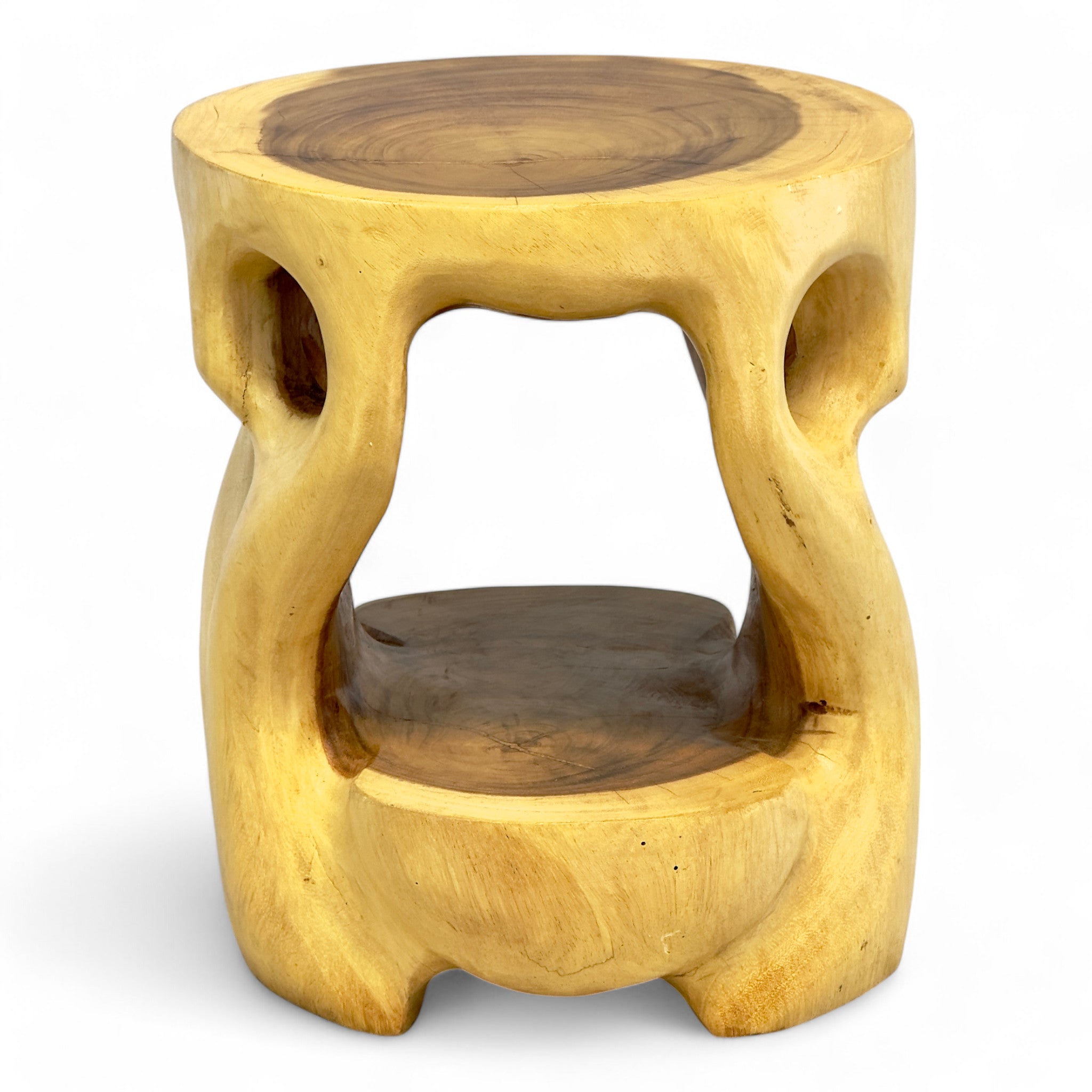Holz Beistelltisch - Hocker, Nachttisch, Pflanzenhocker, Ablagetisch - Rundes Naturdesign mit organischer Form – Massiv aus Teakholz – 40x34x34 cm - Garten-On.de