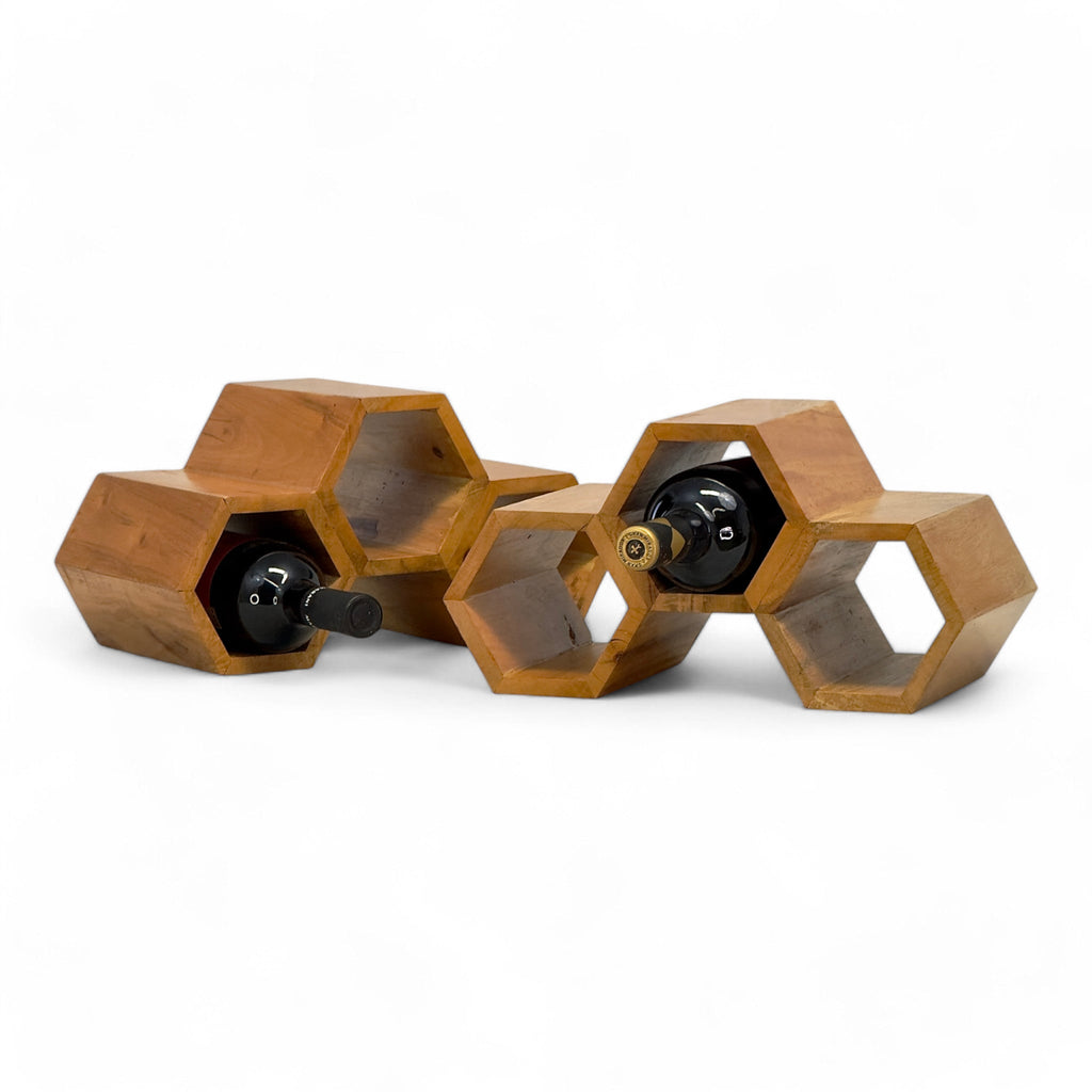 Holz Weinregal – Weinhalter Flaschenhalter - Küche Wohnzimmer Bar - Dekorative Honigwabenform – Aus Teakholz für 3 Flaschen – 18x34x18 cm - Garten-On.de