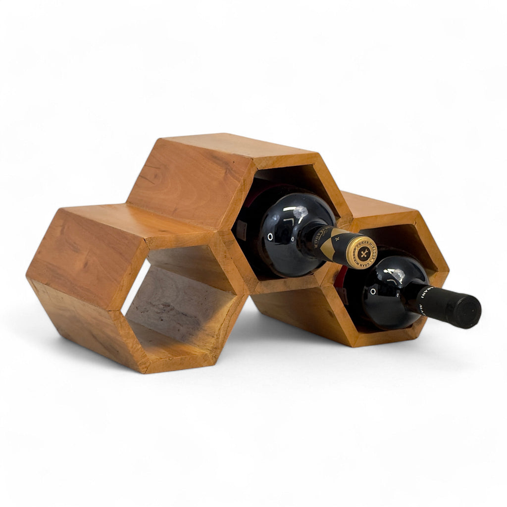 Holz Weinregal – Weinhalter Flaschenhalter - Küche Wohnzimmer Bar - Dekorative Honigwabenform – Aus Teakholz für 3 Flaschen – 18x34x18 cm - Garten-On.de