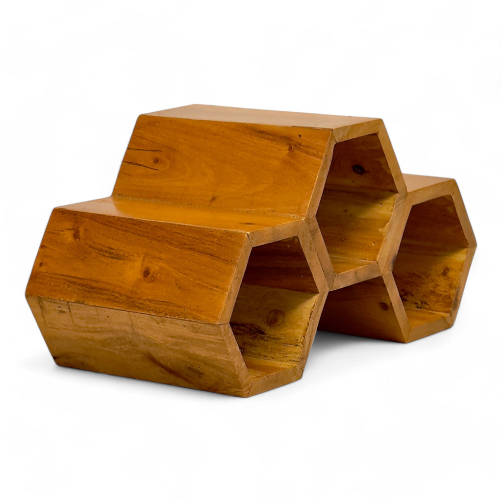 Holz Weinregal – Weinhalter Flaschenhalter - Küche Wohnzimmer Bar - Dekorative Honigwabenform – Aus Teakholz für 3 Flaschen – 18x34x18 cm - Garten-On.de