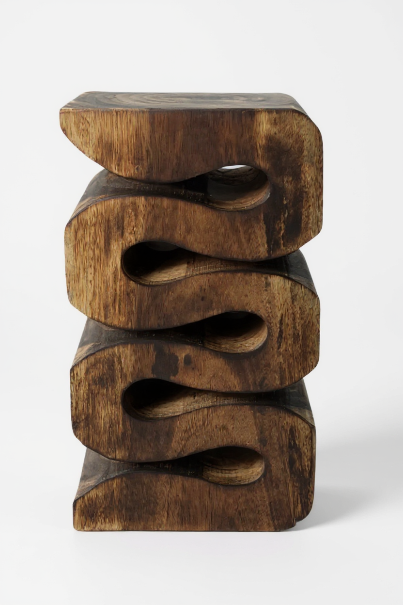 Holzhocker - Beistelltisch Blumenhocker Ablagetisch - Handgefertigt  - Flambiert Schlange aus massivem Suarholz- 50x30x30 cm - Garten-On.de