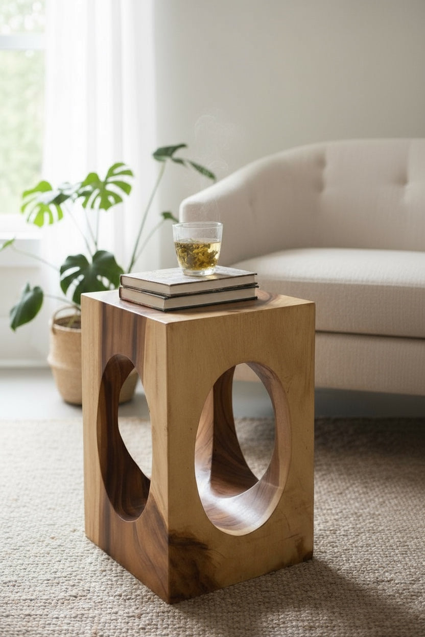 Holz Beistelltisch – Couchtisch Blumenhocker Hocker - Handgefertigt – Eckig mit O-Ausschnitt Suarholz - 45x30x30 cm - Garten-On.de
