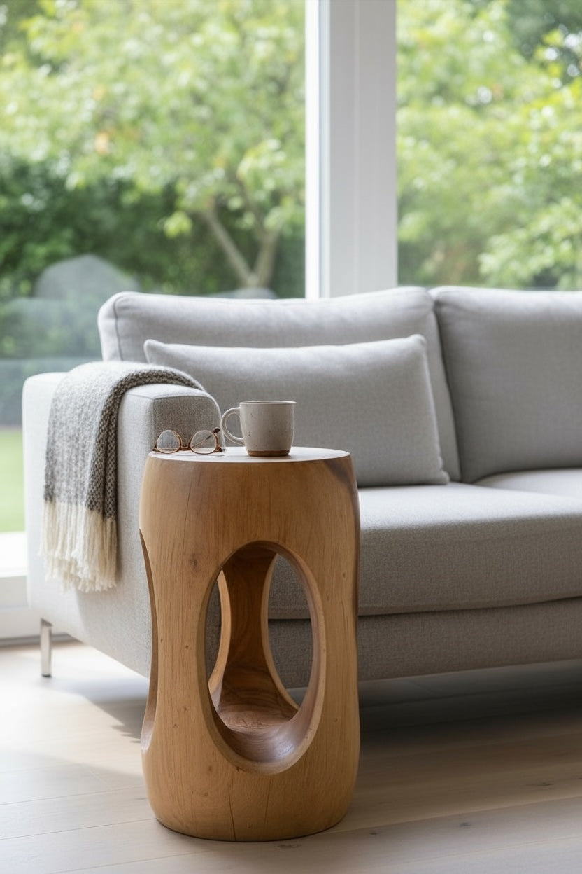 Holz Beistelltisch – Couchtisch Blumenhocker Hocker - Handgefertigt – Abgerundet mit O-Ausschnitt Suar-Holz - 50x30x30 cm - Garten-On.de