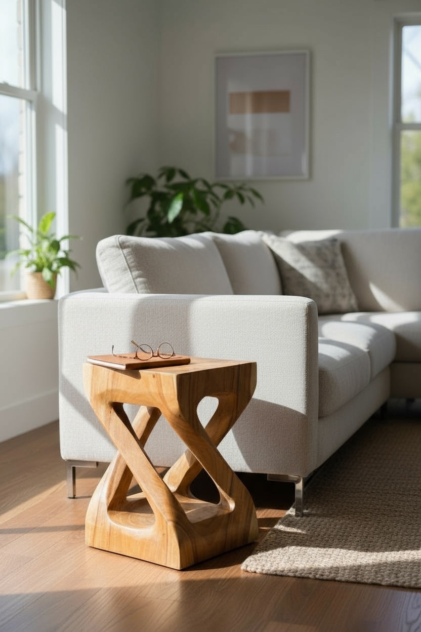 Holz Beistelltisch - Holzhocker Couchtisch - Handgefertigt – Kantig gedreht aus massivem Suarholz - 50x28x28 cm - Garten-On.de