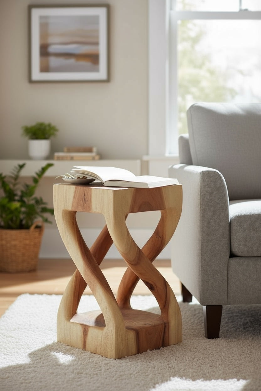 Holz Beistelltisch - Holzhocker Couchtisch - Handgefertigt - Gedreht aus hellen massivem Suarholz - 50x28x28 cm - Garten-On.de