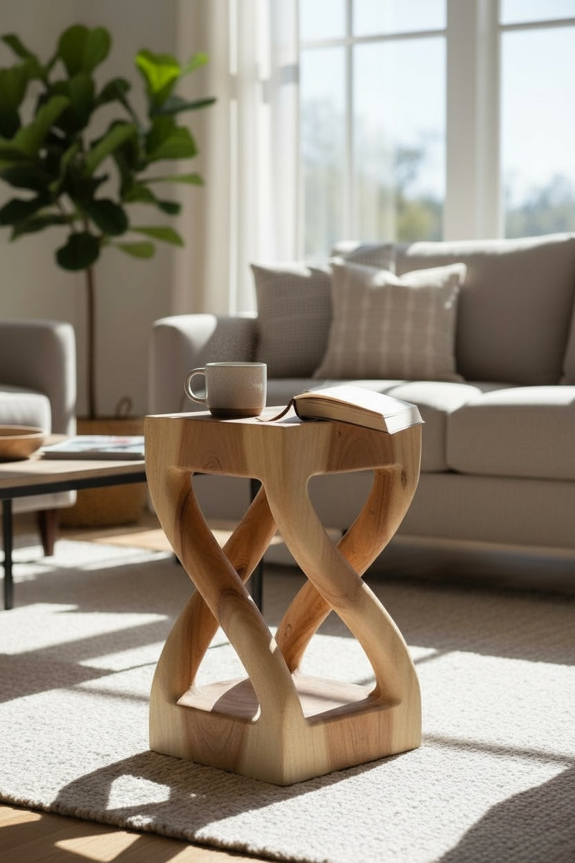 Holz Beistelltisch - Holzhocker Couchtisch - Handgefertigt - Gedreht aus hellen massivem Suarholz - 50x28x28 cm - Garten-On.de
