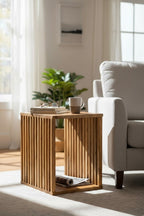 Teakholz-Beistelltisch - Holzhocker Couchtisch - Handgefertigt aus Massivholz – Holzleisten Würfel - 45x35x40 cm - Garten-On.de
