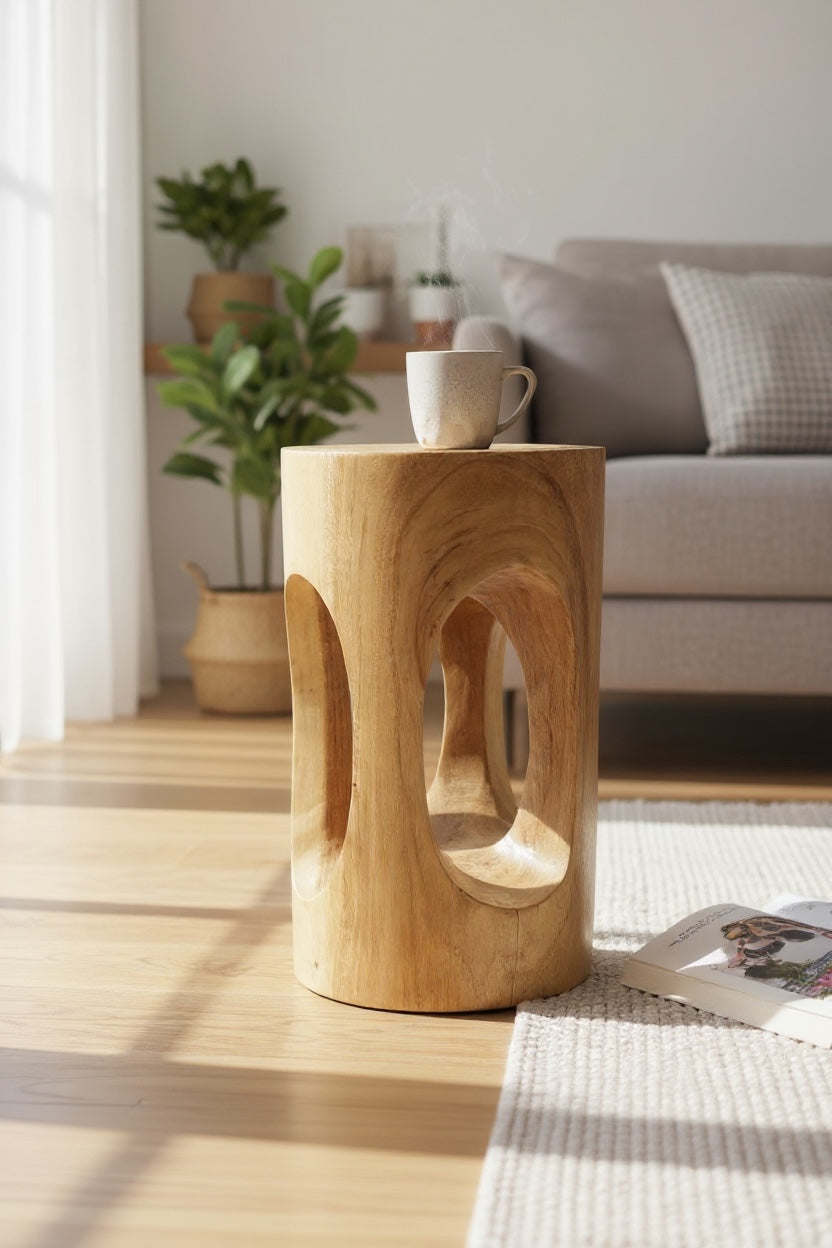 Holz Beistelltisch - Holzhocker Blumenhocker Hocker - Handgefertigt - Rund mit O-Ausschnitt Saman-Holz - 50x30x30 cm - Garten-On.de