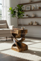 Holz Beistelltisch - Holzhocker Couchtisch - Flambierter Handgefertigt - Gedreht aus massivem Suarholz - 50x28x28 cm - Garten-On.de