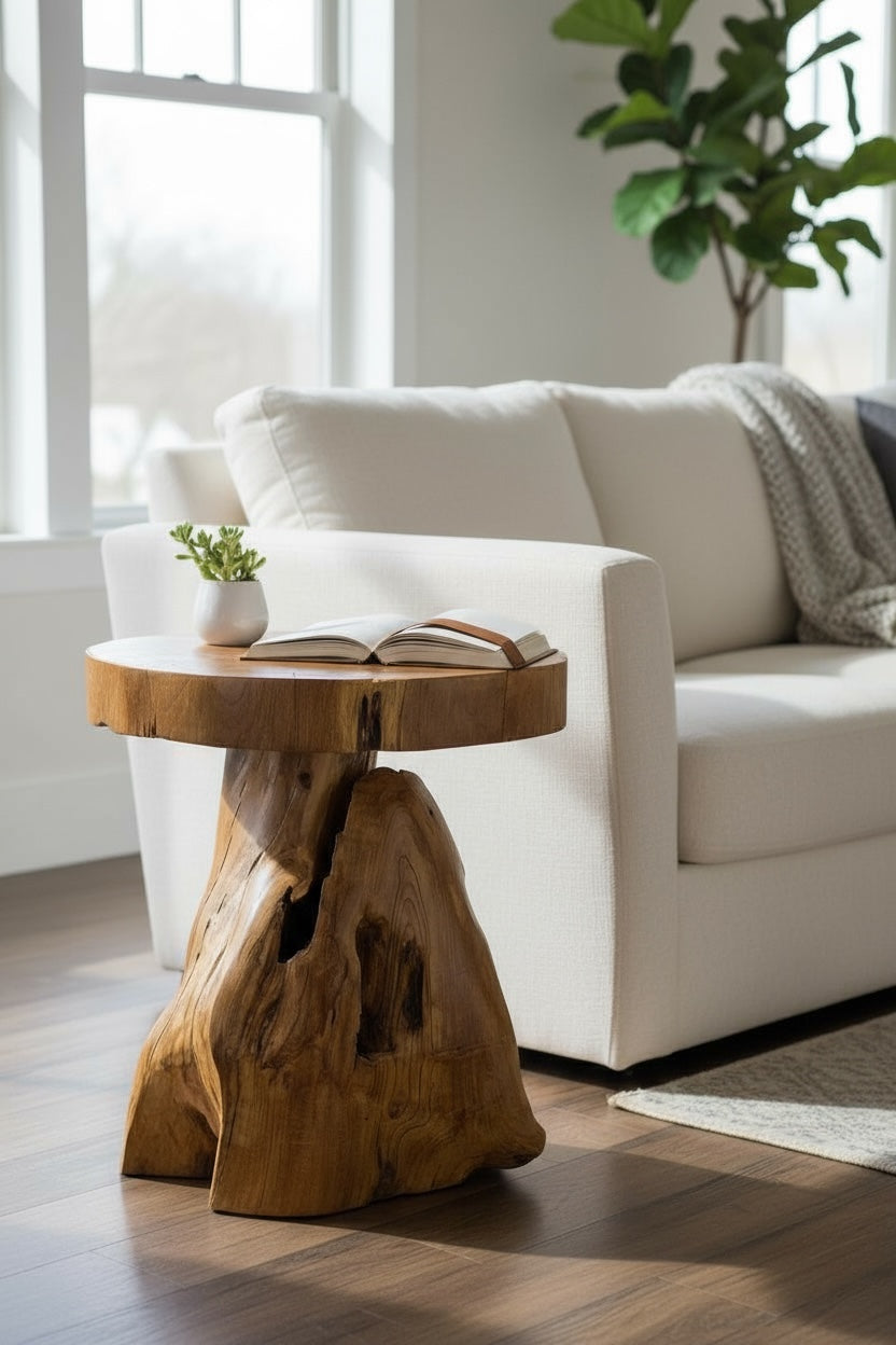 Holzhocker – Beistelltisch Blumenhocker Ablagetisch – Handgefertigt – Natürliche Form aus massivem Teakholz – 45x40x40 cm - Garten-On.de