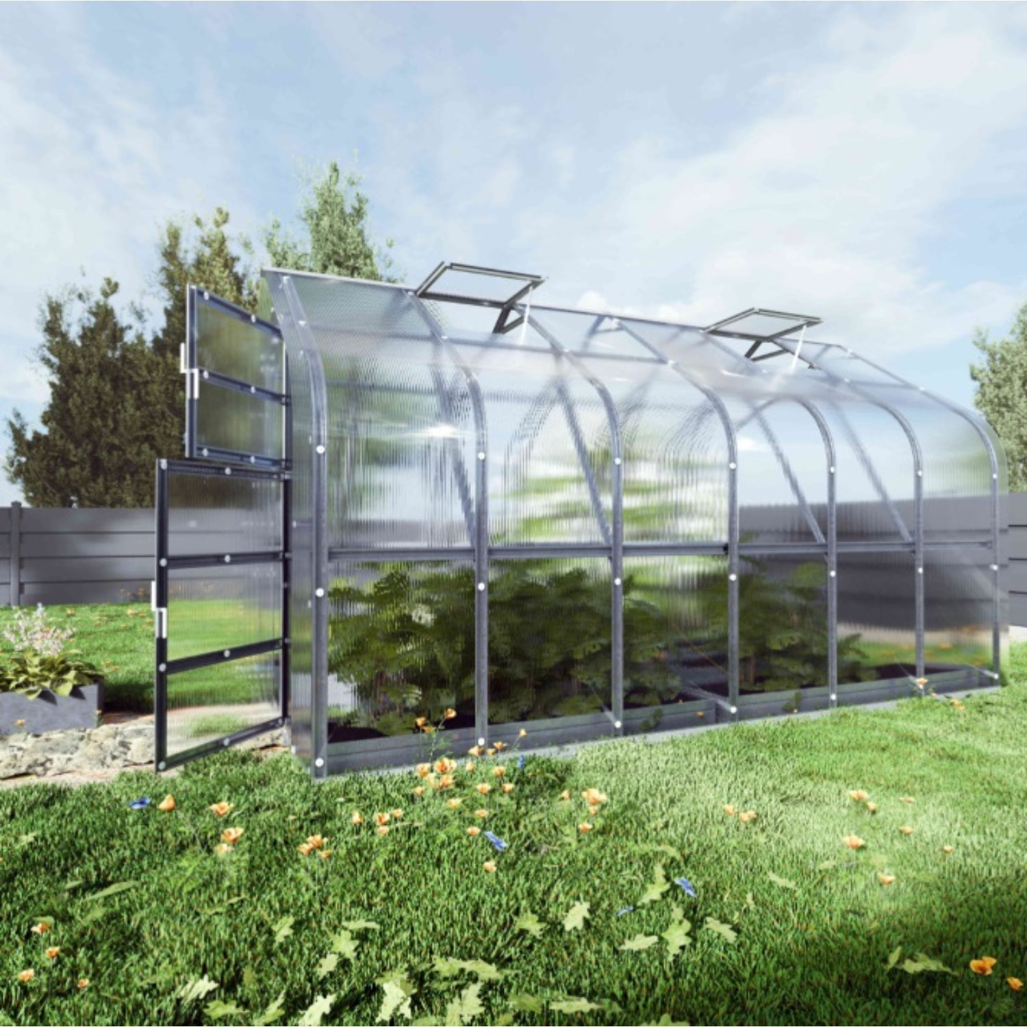 Gewächshaus KLASIKA STANDART 2,5 x 4m, 10 m², verzinkter Stahlrahmen, 1 Drehtür, 3  Fenster Hohlkammerplatten 6 mm