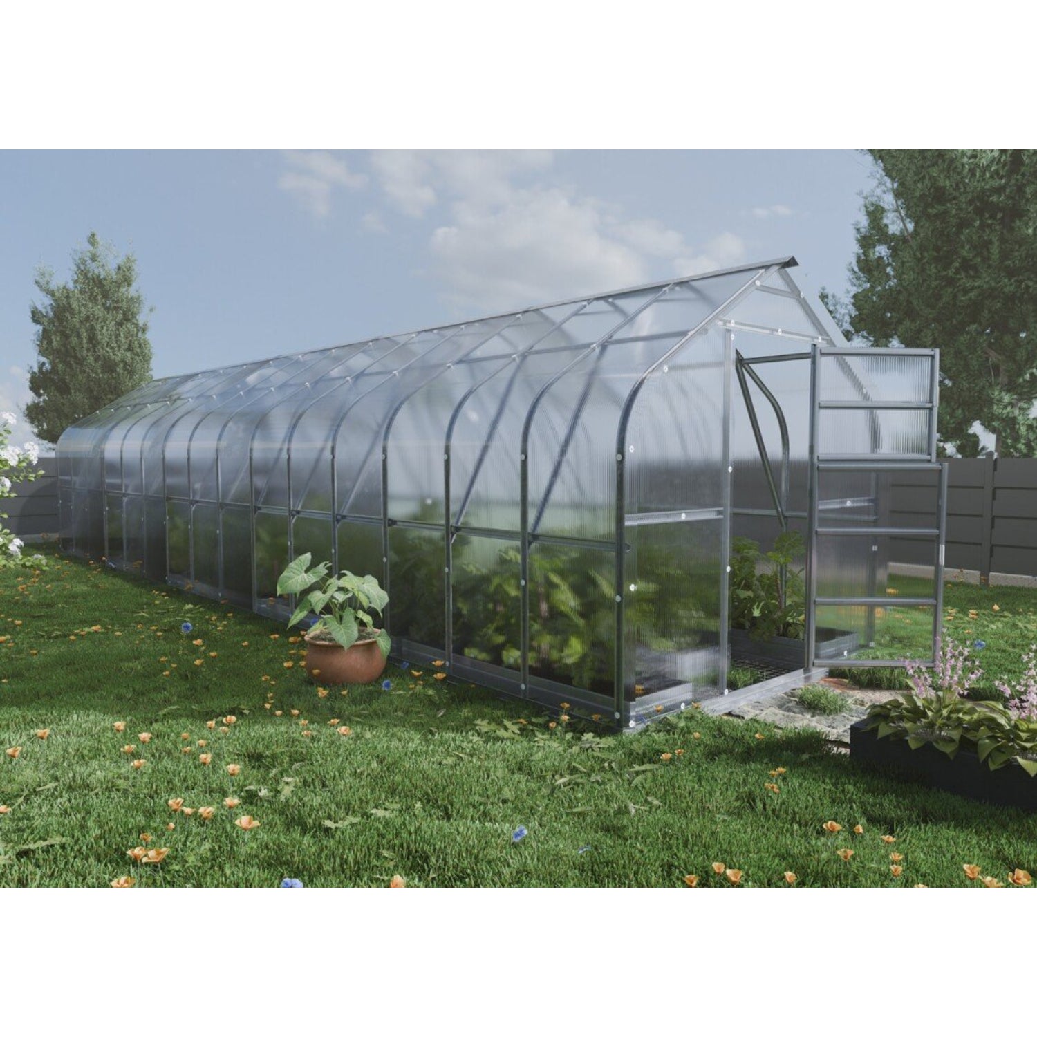Gewächshaus KLASIKA STANDART 2,5 x 10m, 25 m², verzinkter Stahlrahmen, 1 Drehtür, 6  Fenster Hohlkammerplatten 4 mm
