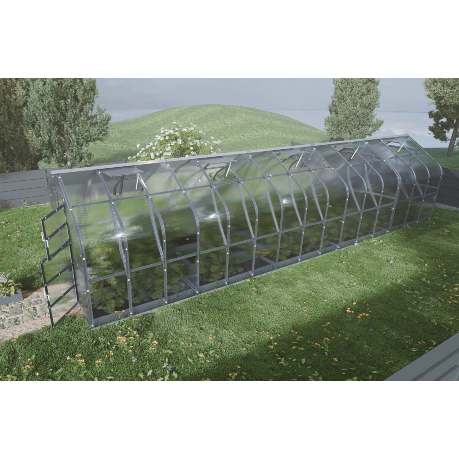 Gewächshaus KLASIKA STANDART 2,5 x 12m, 30 m², verzinkter Stahlrahmen, 1 Drehtür, 7  Fenster Hohlkammerplatten 6 mm