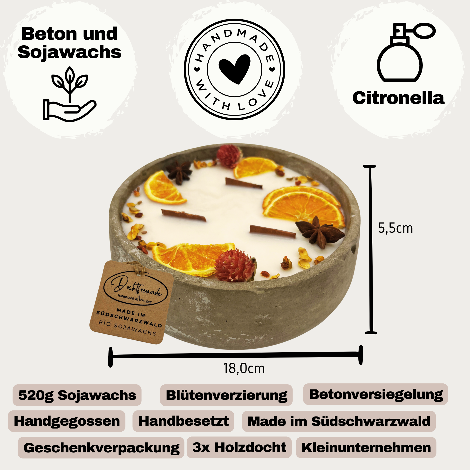 Große Outdoor Citronella-Betonkerze „Big Grey - Mugge Schreck“ – Mit drei Holdochten - Handgemachter Insektenschutz aus dem Südschwarzwald mit Blütenverzierung - Garten-On.de