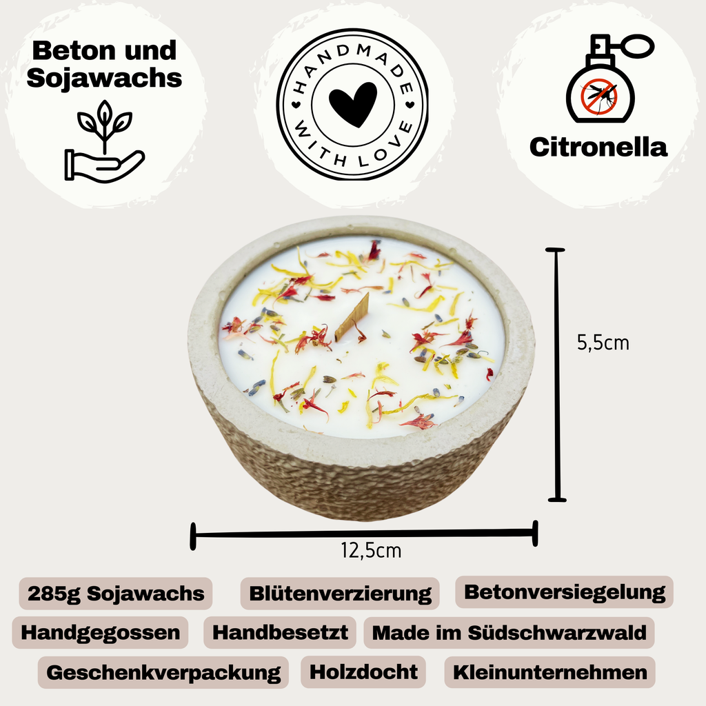 Limitierte Einzelstücke: Outdoor Citronella-Betonkerze „Mugge Schreck“ – Handgemachter Insektenschutz aus dem Südschwarzwald mit Blütenverzierung - Garten-On.de