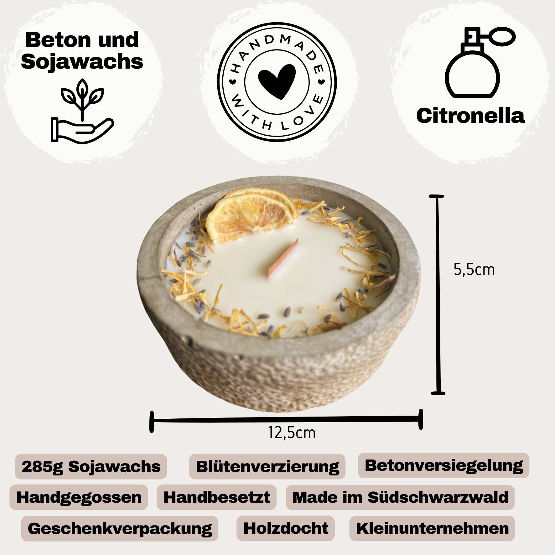 Citronella Sommerkerze im Betongefäß – Stilvolle Sojawachskerze Betonfeuer mit Blütenverzierung & hochwertigem Holzdocht handgemacht aus dem Südschwarzwald für Outdoor & Zuhause - Garten-On.de
