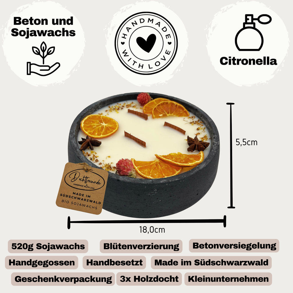 Handbesetze XXL Outdoor Citronella-Betonkerze Black Edition „Big Black - Mugge Schreck“ – Mit drei Holdochten - Handgemachter Insektenschutz aus dem Südschwarzwald mit Blütenverzierung - Garten-On.de