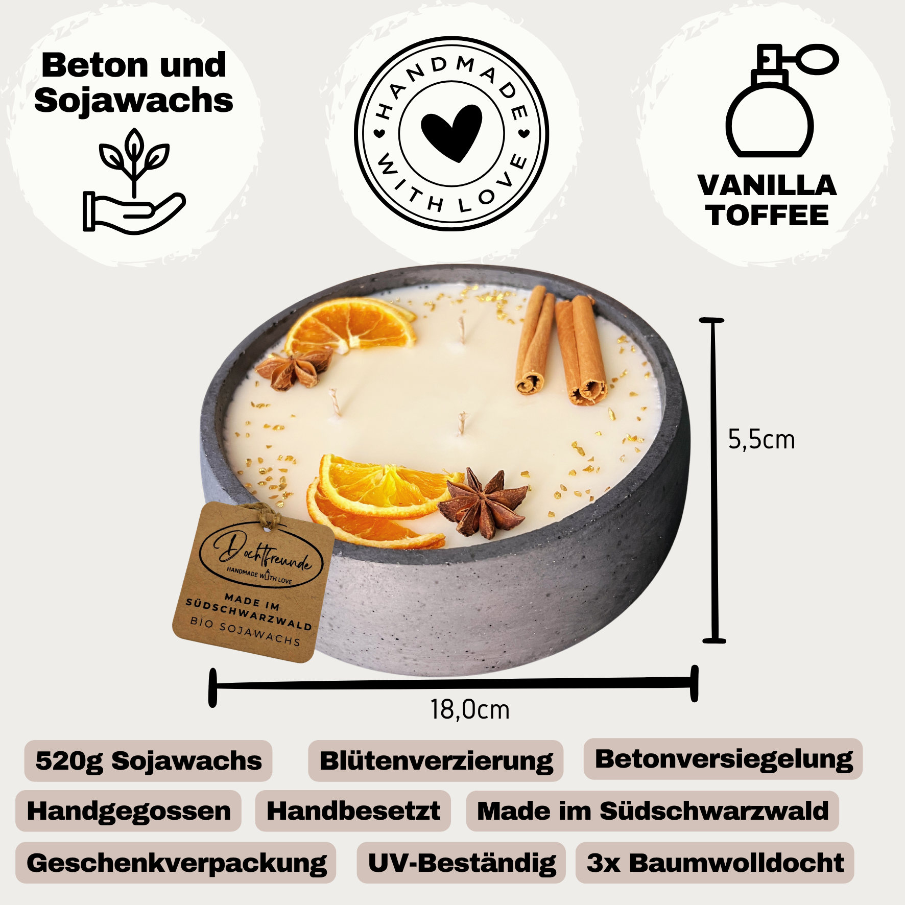 Handgemachte Betonkerze "Big Black"  Duft Vanilla Toffee von DochtFreunde - Garten-On.de