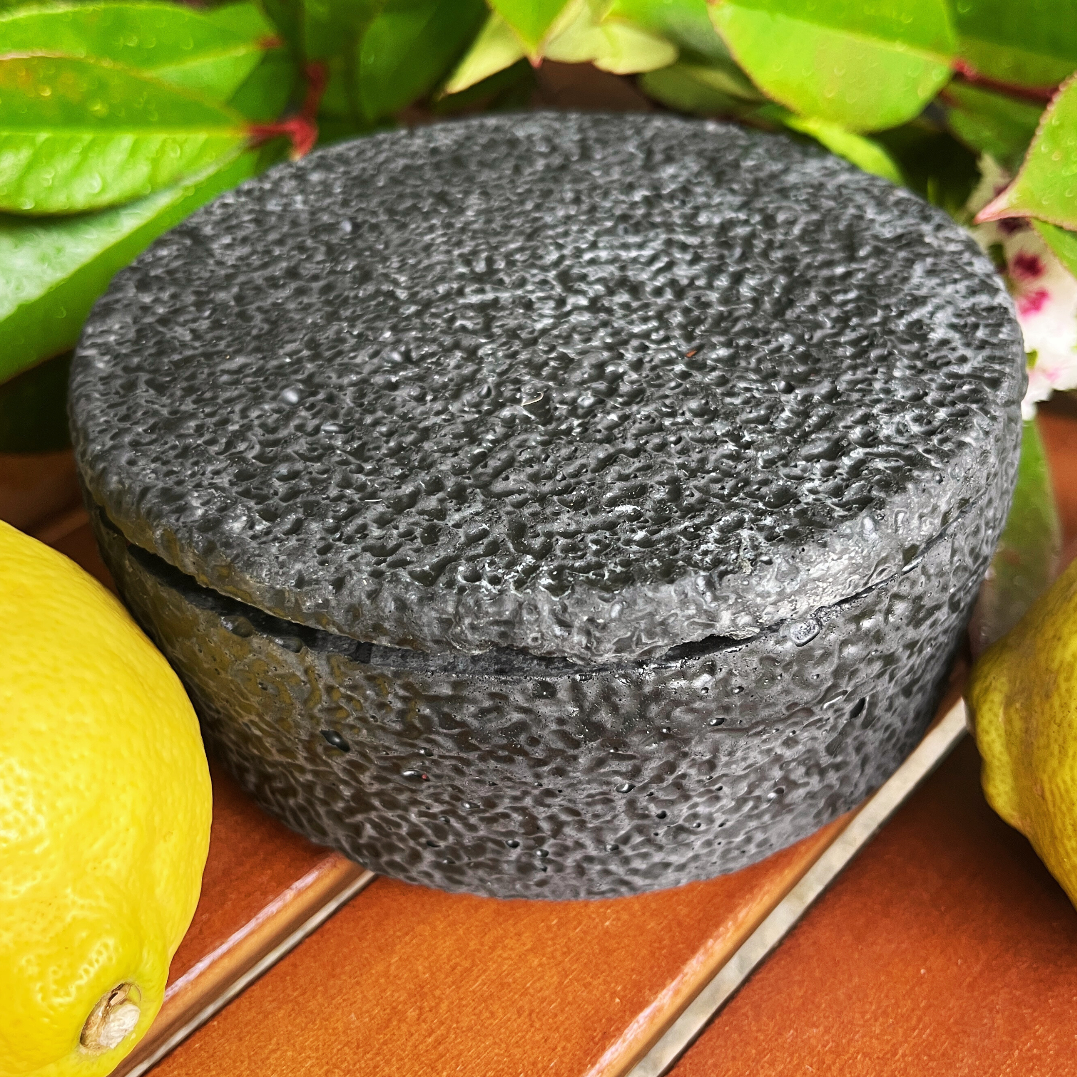 HANDGEMACHTE Citronella BETONKERZE Schwarz - Stilvolle Sojawachskerze für Ihr Zuhause. Outdoor Kerze mit Blütenverzierung und HOCHWERTIGEM Holzdocht aus dem Südschwarzwald - Garten-On.de