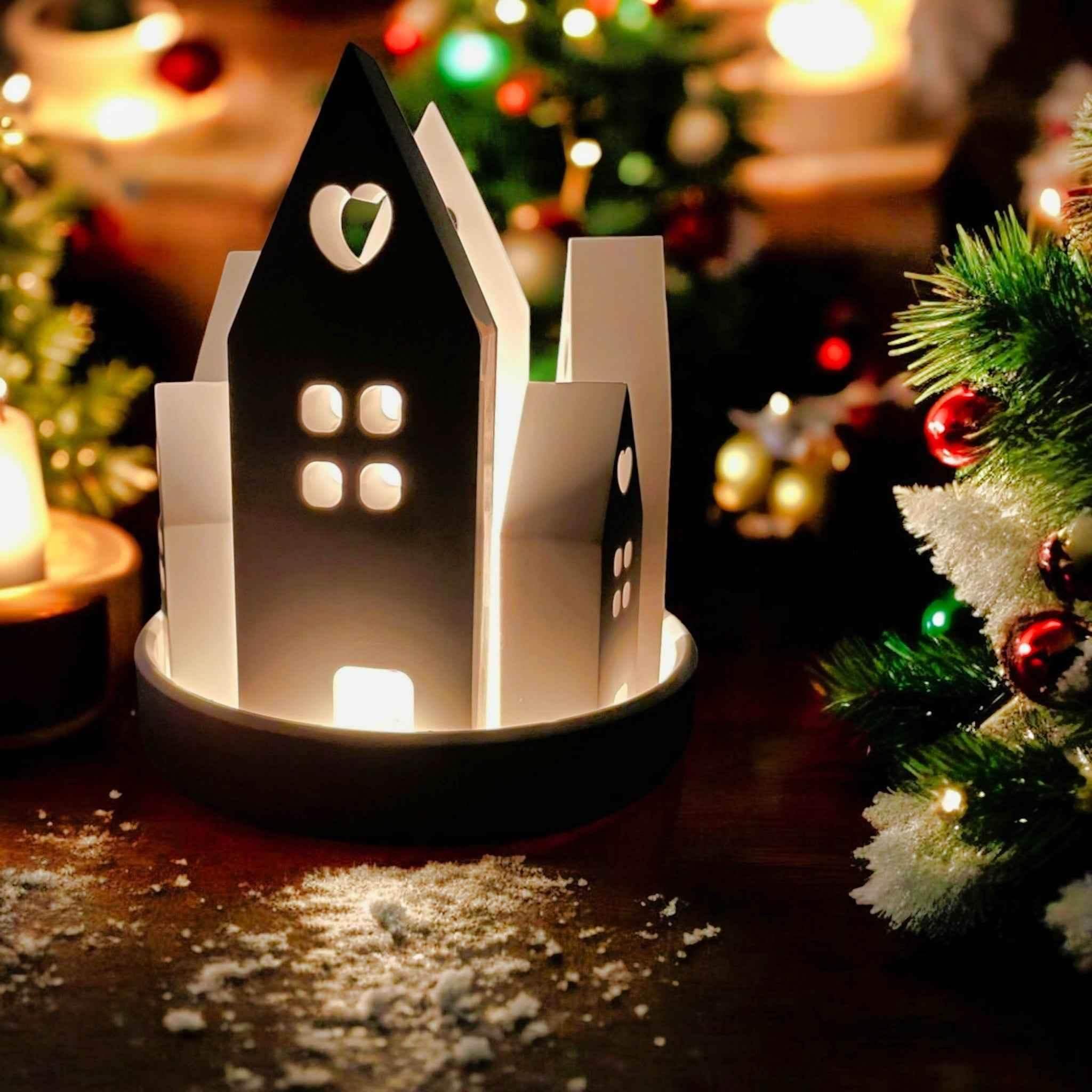 Set aus handgefertigten Aufsteckhäusern & Kerzenring – Exklusive Weihnachtsdeko - Garten-On.de