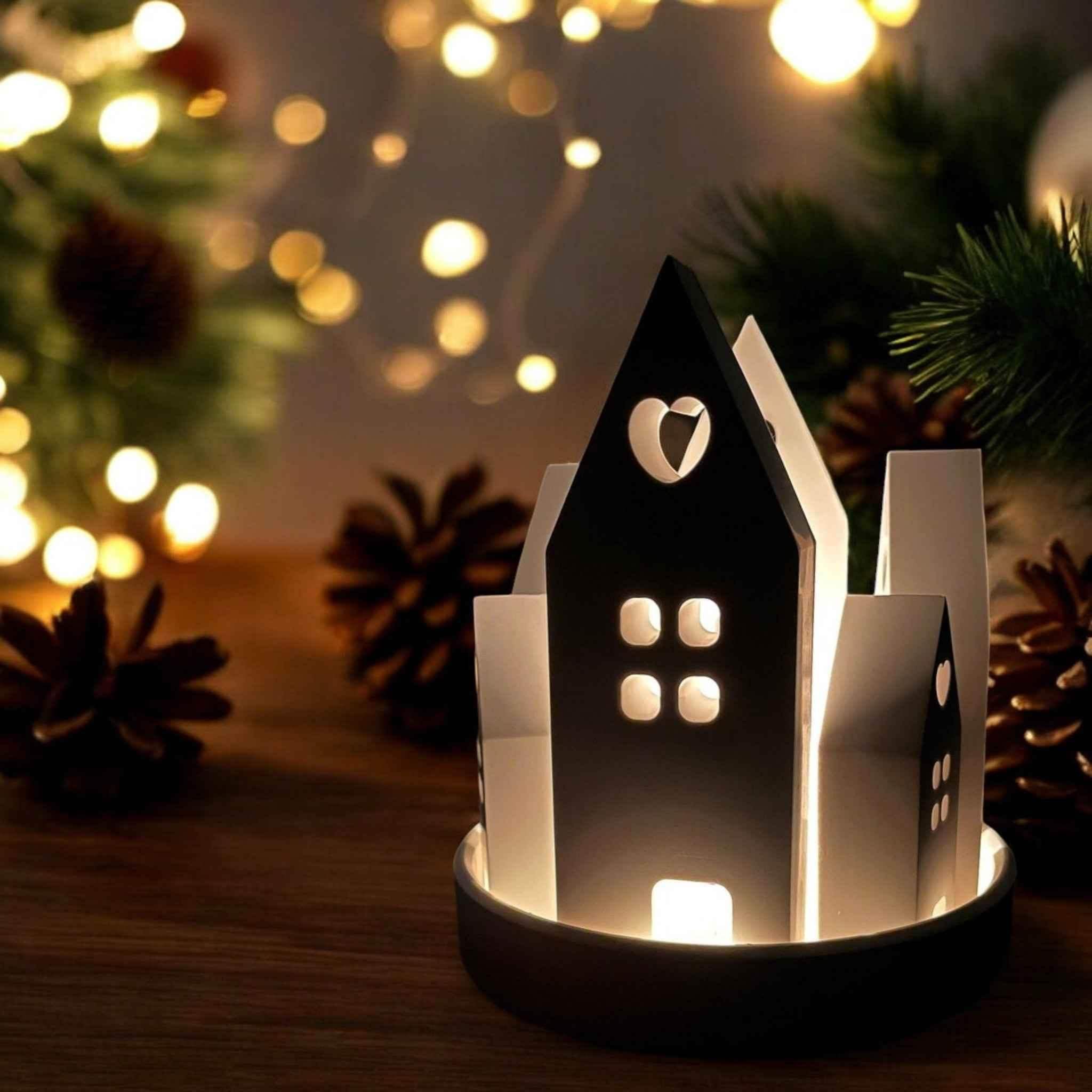 Set aus handgefertigten Aufsteckhäusern & Kerzenring – Exklusive Weihnachtsdeko - Garten-On.de