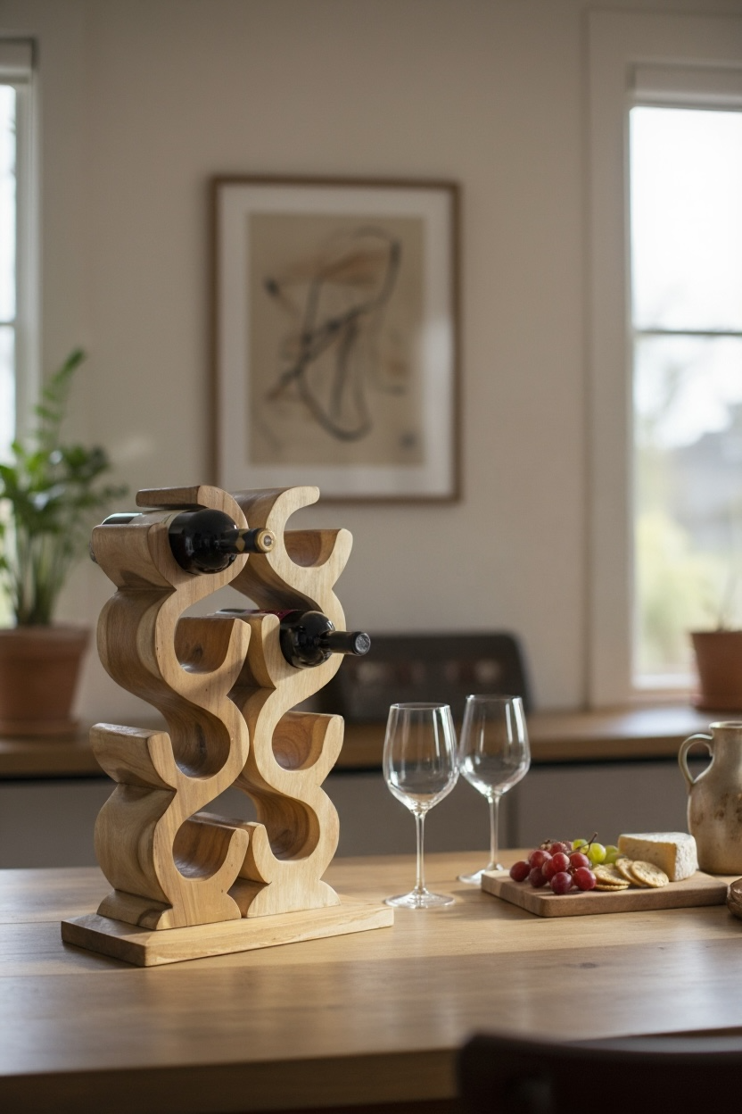 Holz Weinregal – Weinhalter Flaschenhalter - Küche Wohnzimmer Bar - Dekorativ Geschwungen – Aus Teakholz für 8 Flaschen – 60x40x20 cm - Garten-On.de