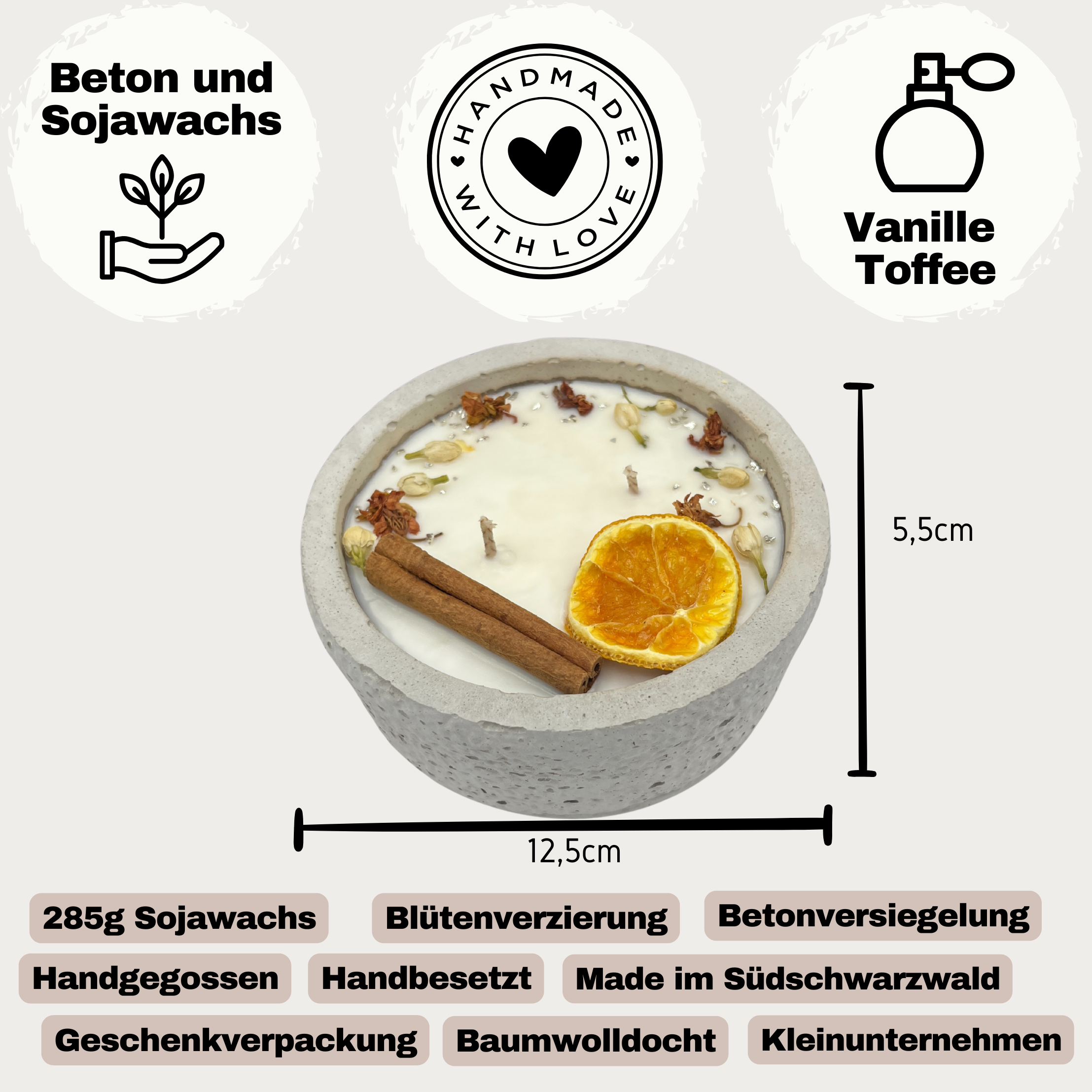 Handgefertigte Betonkerze Betongrau „Herbstglühen“ für Herbst und Winter - Stilvolle Sojawachskerze für Ihr Zuhause. Mit Blütenverzierung und HOCHWERTIGEM Baumwolldocht aus dem Südschwarzwald - Garten-On.de