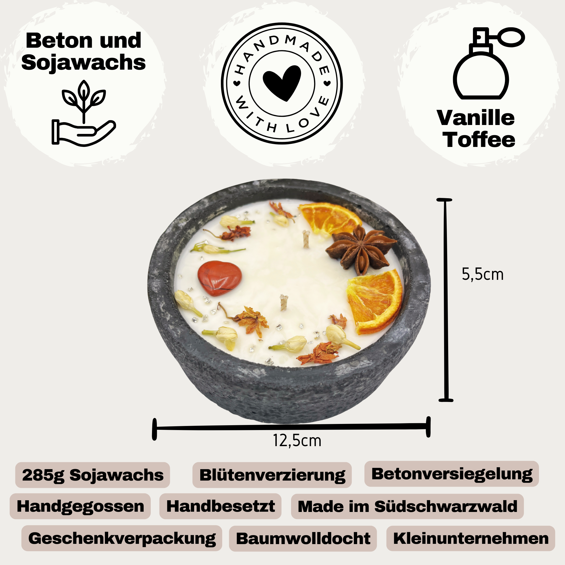 Handgemachte Betonkerze „Black Roses“ Aromakerze- Stilvolle Sojawachskerze für Ihr Zuhause. Mit Blütenverzierung und HOCHWERTIGEM Baumwolldocht aus dem Südschwarzwald - Garten-On.de