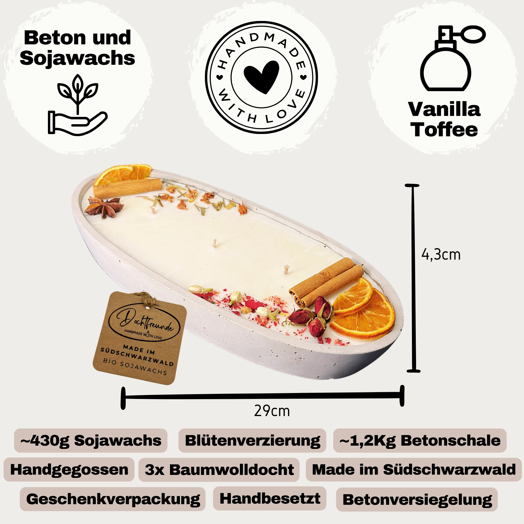 Handgemachte Betonduftkerze "Grey-Ship" Bio Sojawachs mit Vanilla Toffee Duft. Beton Deko Interior Design - Garten-On.de