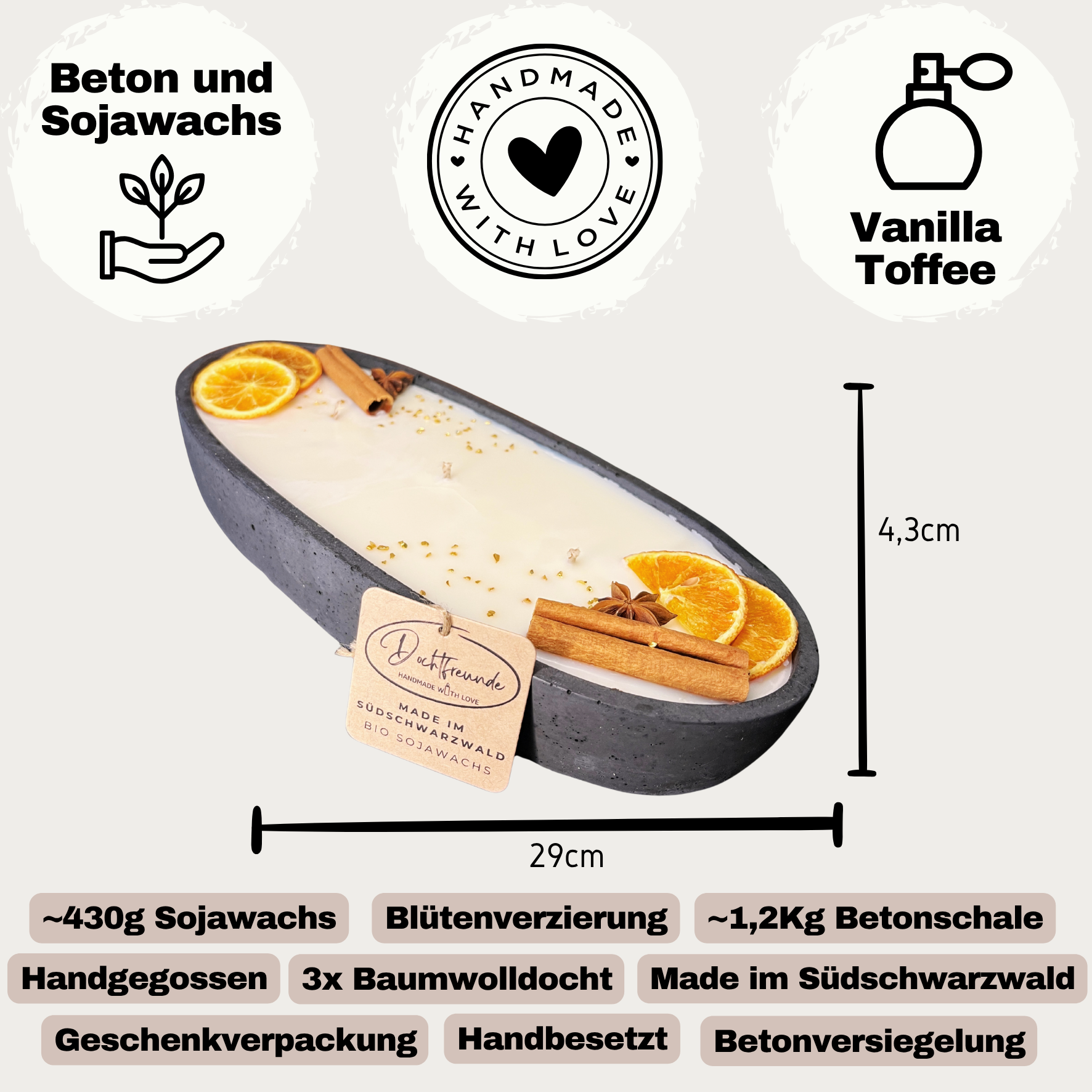 Black Edition - HANDGEMACHTE BETONKERZE "Black-Ship" - Stilvolle Sojawachskerze für Ihr Zuhause. Kerze mit Blütenverzierung und drei HOCHWERTIGEN Baumwolldochten - Garten-On.de